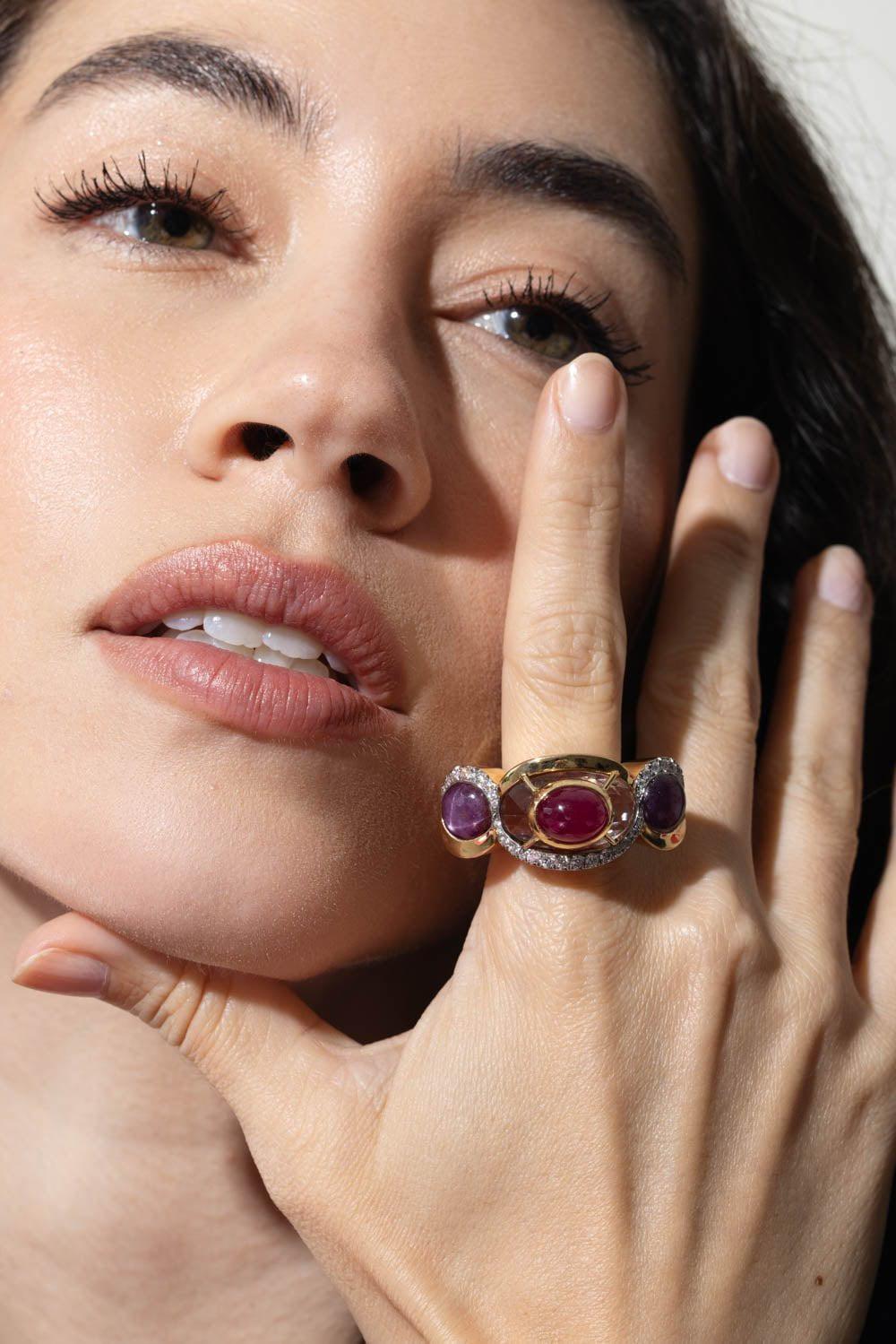 TONY DUQUETTE-Pink Amethyst Diamond Ruby Ring-YELLOW GOLD