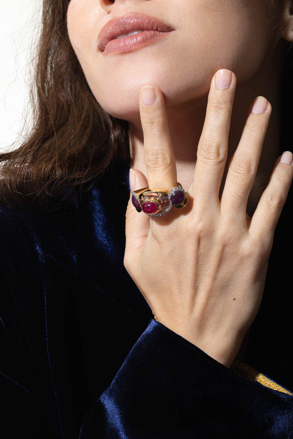 TONY DUQUETTE-Pink Amethyst Diamond Ruby Ring-YELLOW GOLD