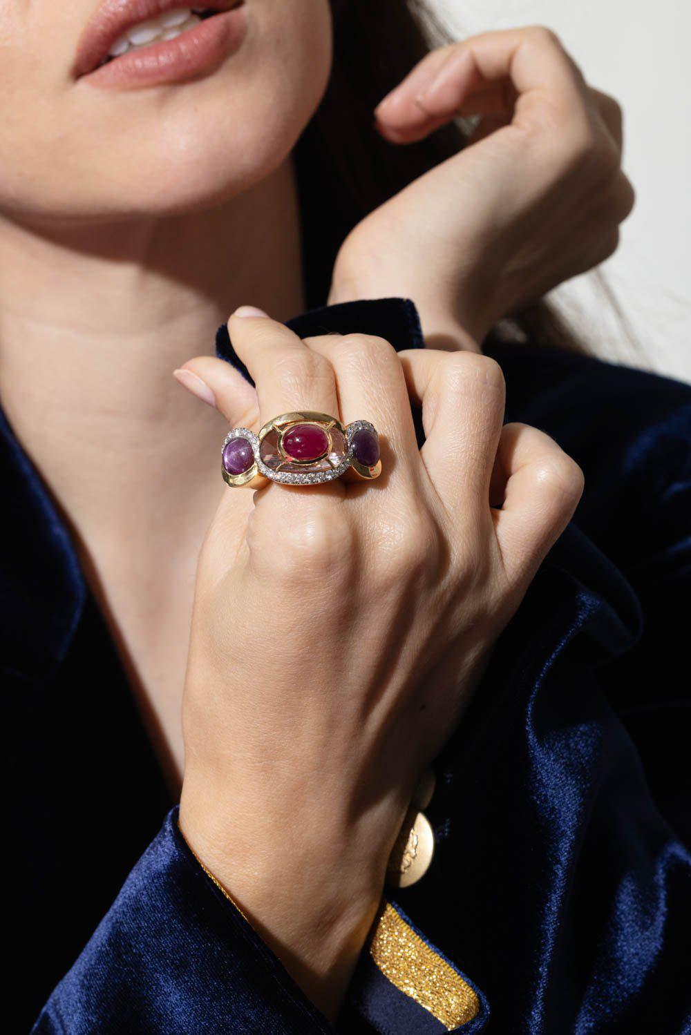 TONY DUQUETTE-Pink Amethyst Diamond Ruby Ring-YELLOW GOLD