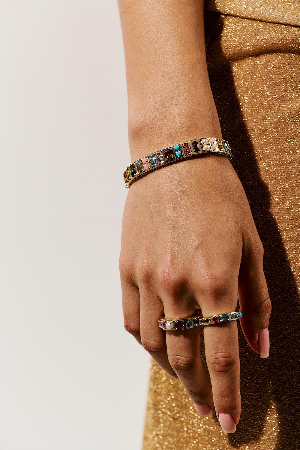 Multistone Leggo Double Bracelet-YELLOW GOLD-6.75-JEWELRYFINE JEWELBRACELET O-TYPE JEWELRY