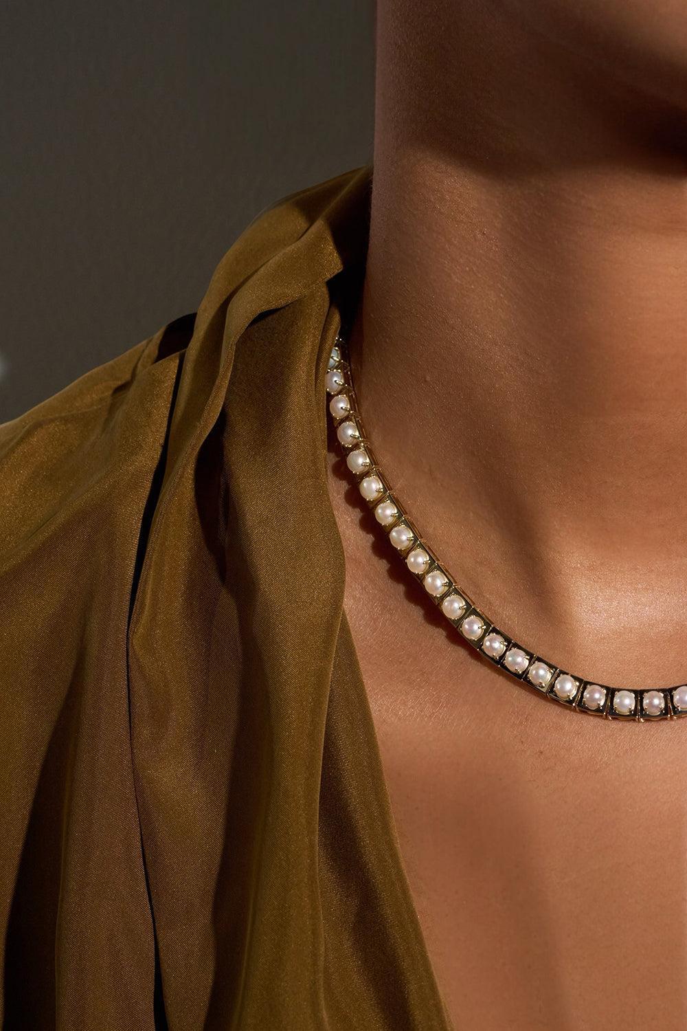 Pearl Leggo Tennis Necklace-YELLOW GOLD-JEWELRYFINE JEWELNECKLACE O-TYPE JEWELRY