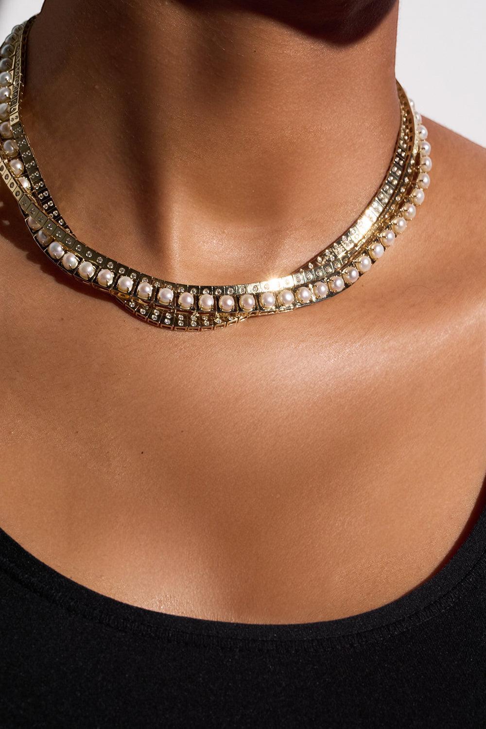 Pearl Leggo Tennis Necklace-YELLOW GOLD-JEWELRYFINE JEWELNECKLACE O-TYPE JEWELRY