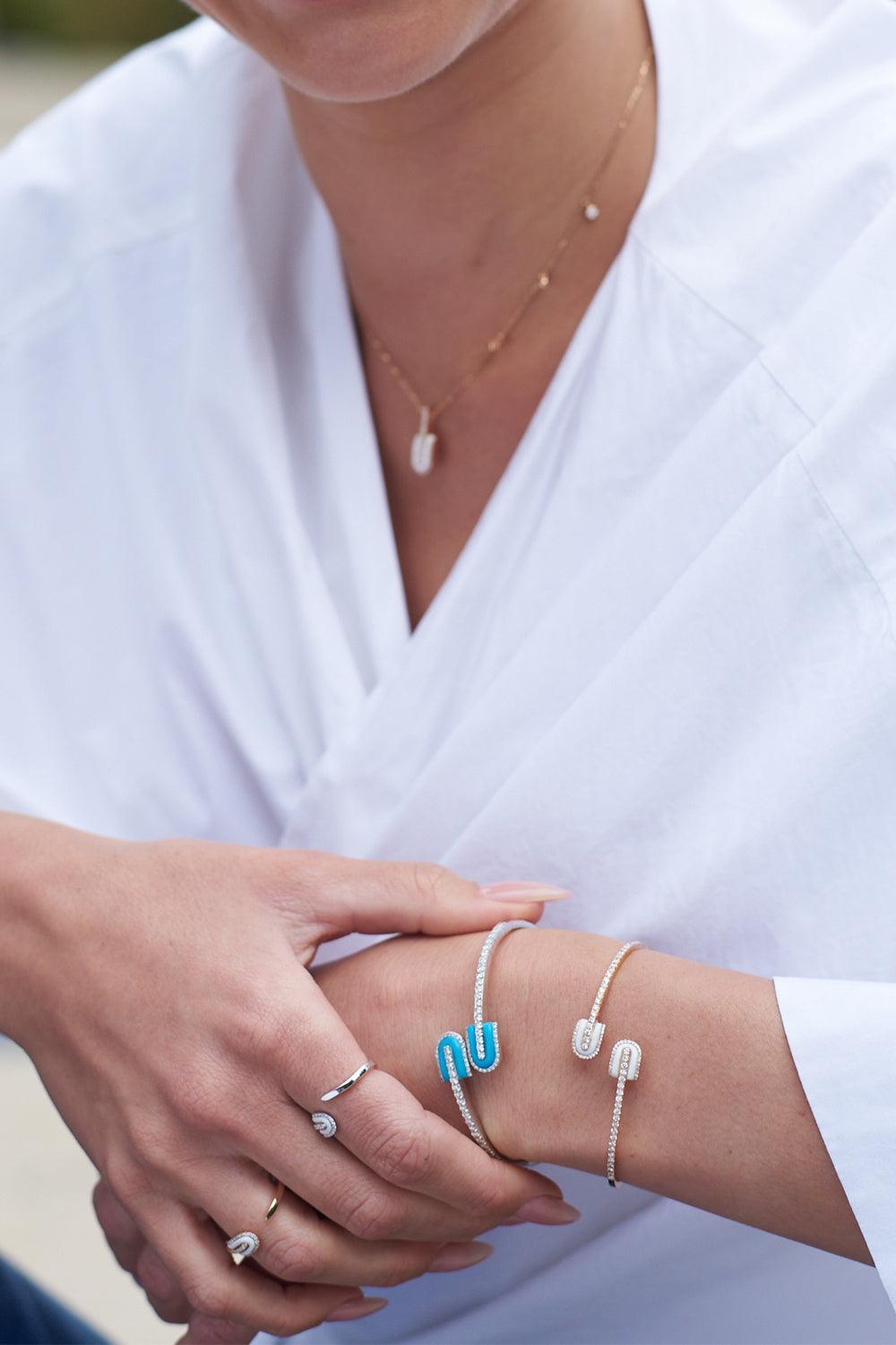 Diamond Turquoise U Duo Mini Bangle Bracelet - White Gold-WHITE GOLD-JEWELRYFINE JEWELBRACELET O-U LOS ANGELES