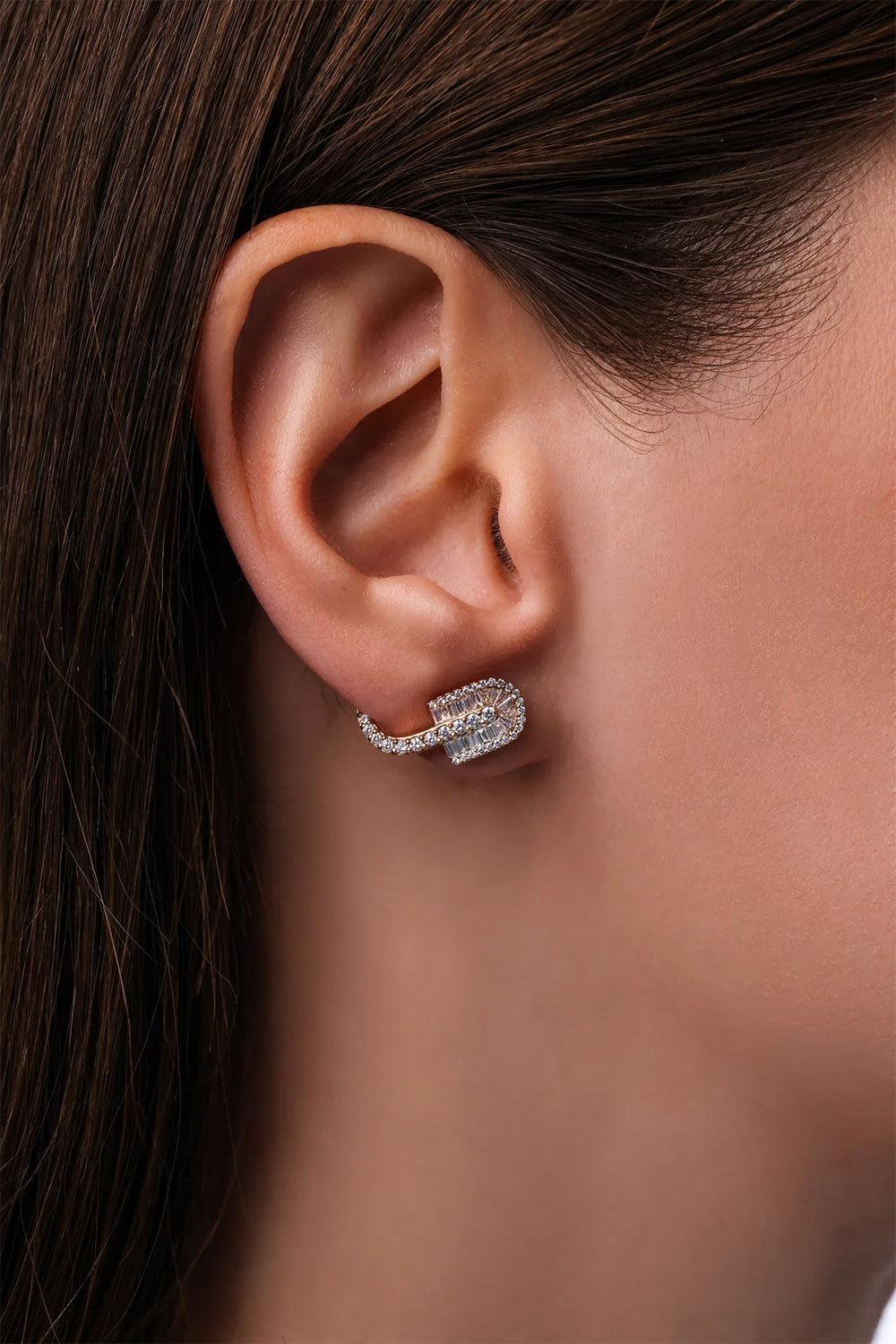 Diamond Baguette U Huggie Hoop Earrings - Yellow Gold-YELLOW GOLD-JEWELRYFINE JEWELEARRING-U LOS ANGELES