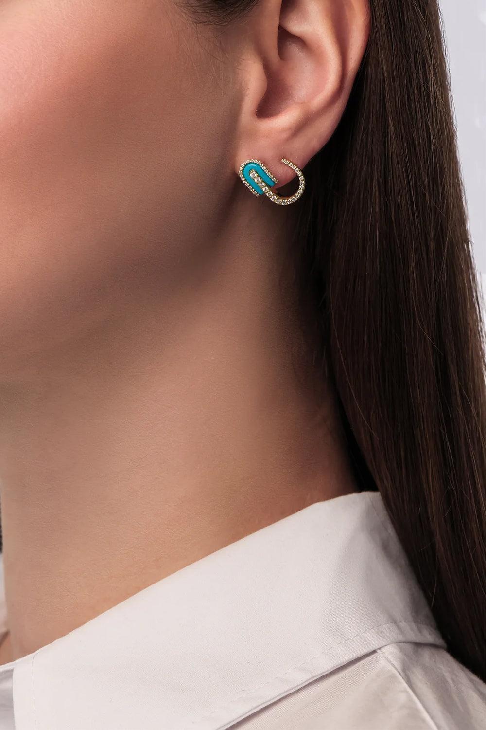 Diamond Turquoise U Huggie Earrings-YELLOW GOLD-JEWELRYFINE JEWELEARRING-U LOS ANGELES