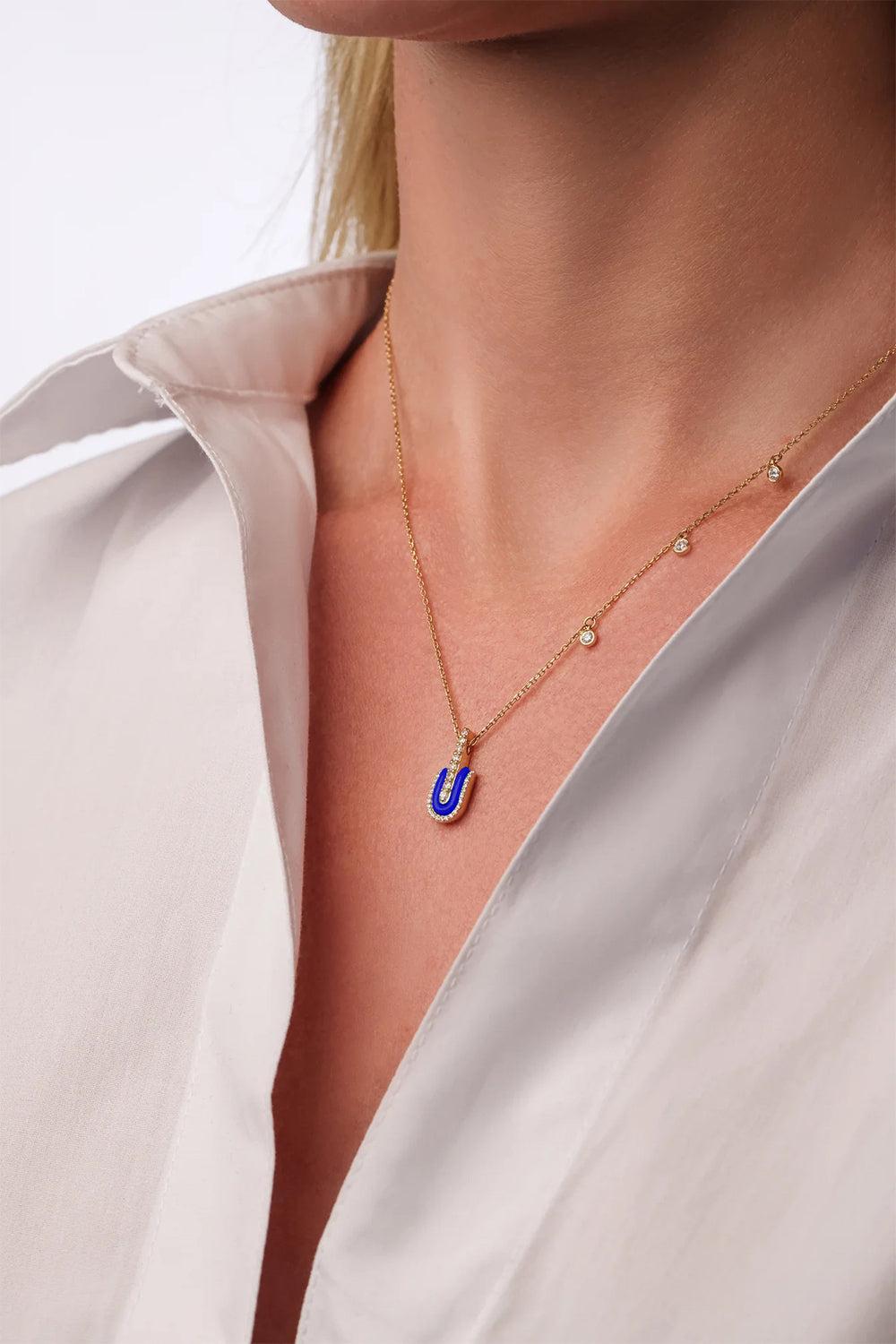 Diamond Lapis U Solo Charm Necklace-YELLOW GOLD-JEWELRYFINE JEWELNECKLACE O-U LOS ANGELES