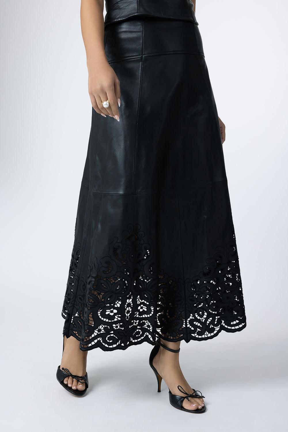  Orla Lace Leather Skirt-BLACK-4-CLOTHINGSKIRTMIDI-ULLA JOHNSON 