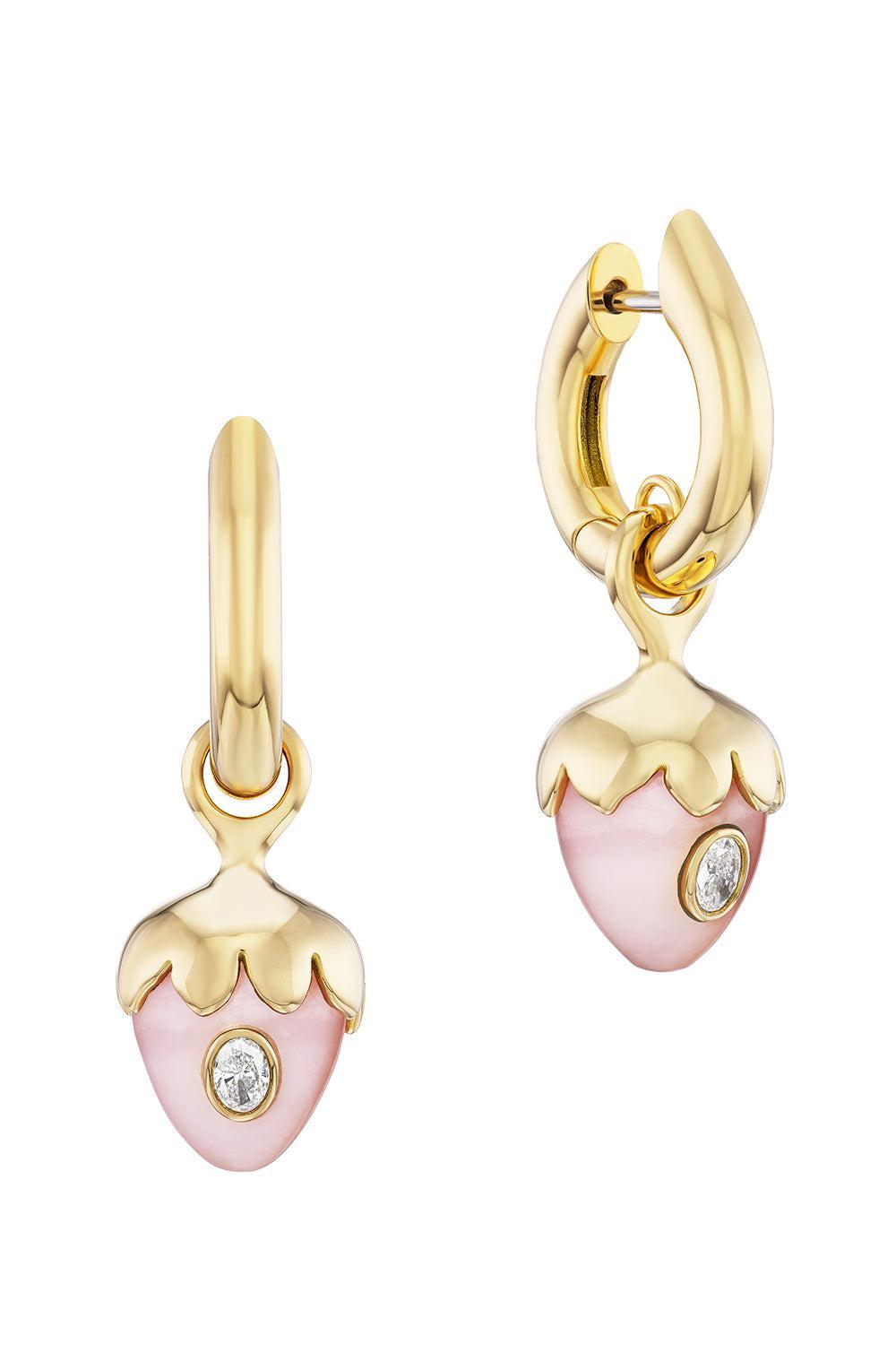  Pink Opal Diamond Strawberry Carriage Huggie Earrings-YELLOW GOLD-JEWELRYFINE JEWELEARRING-UNIFORM OBJECT 