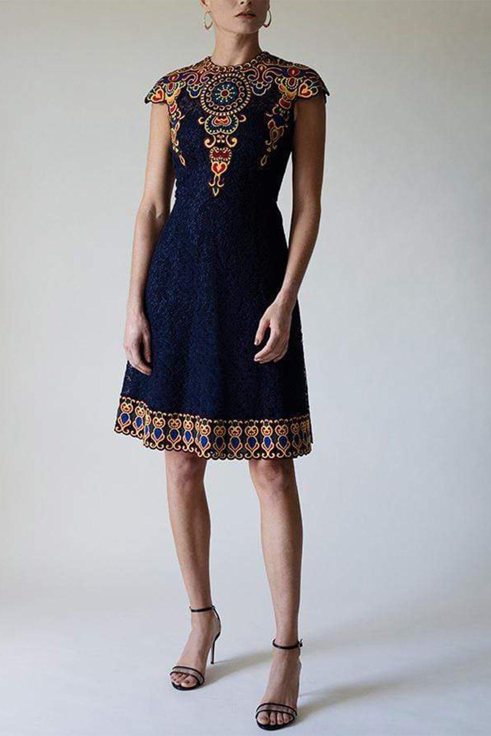 VALENTINO-Short Sleeve Marocain Dress-BLUE