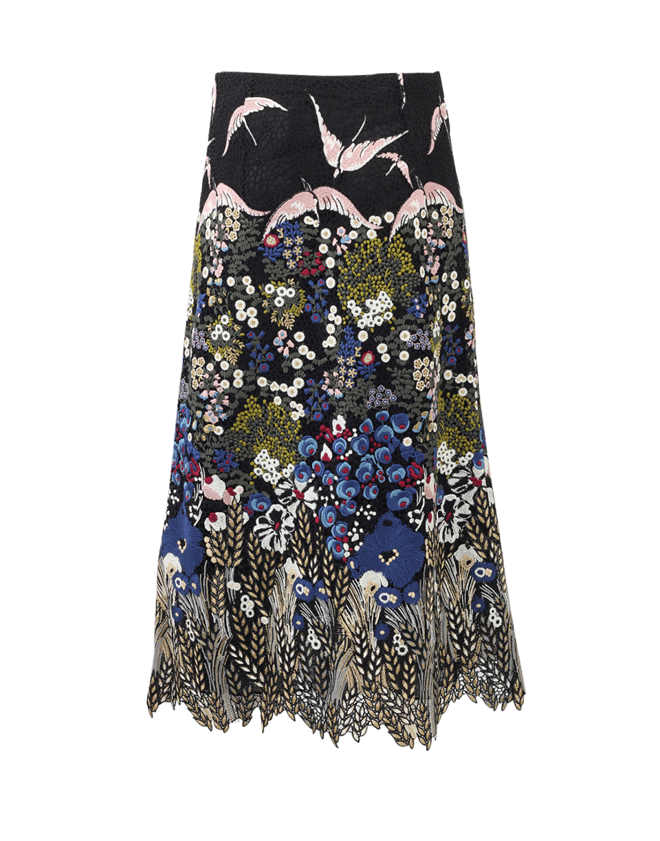 VALENTINO-Macrame Landscape Midi Skirt-BLACK