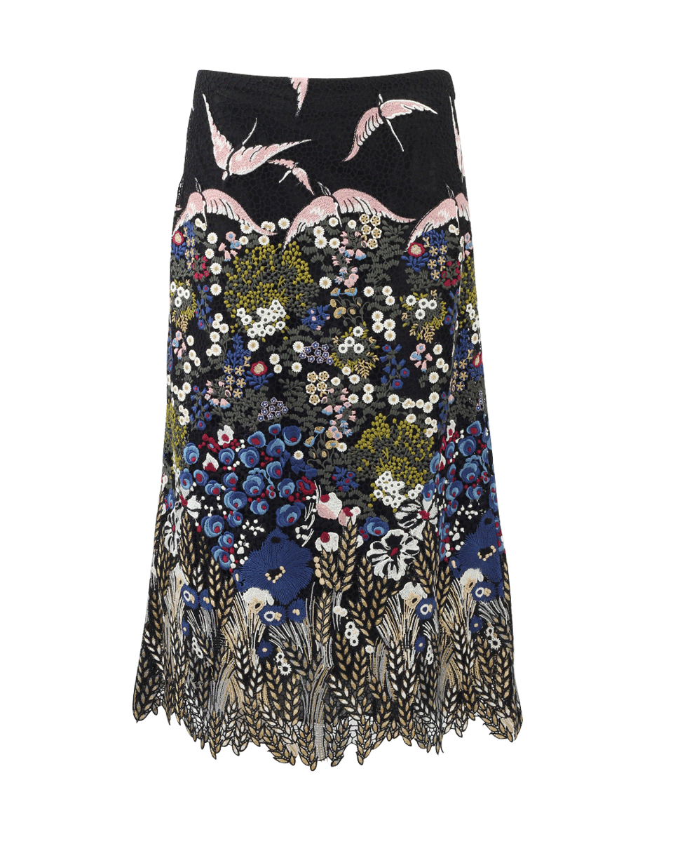 VALENTINO-Macrame Landscape Midi Skirt-BLACK