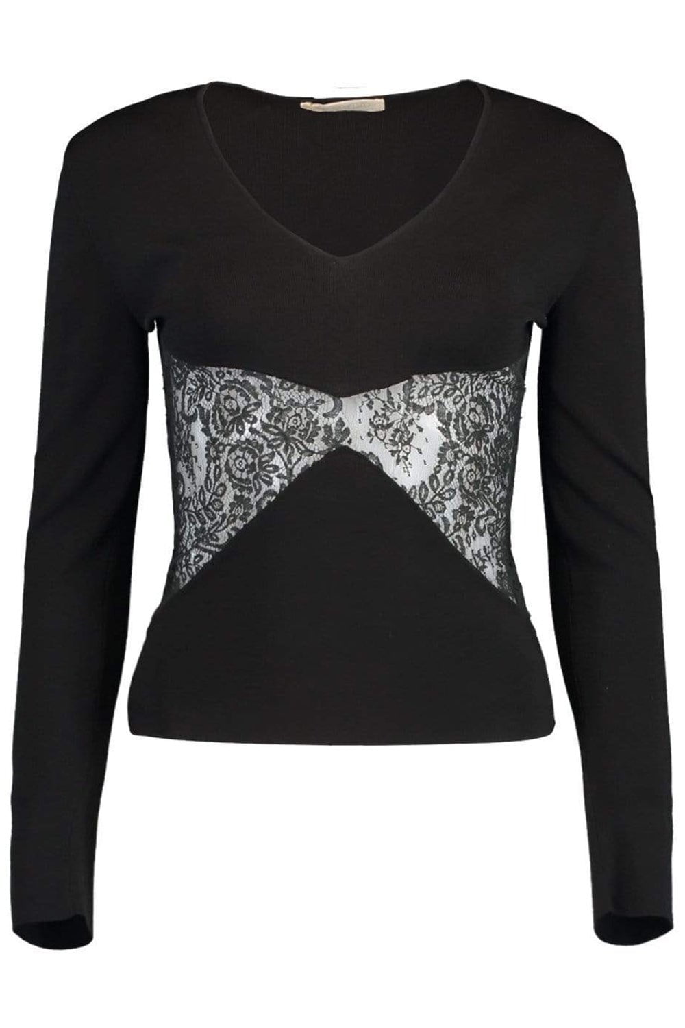VALENTINO-3/4 Sleeve Lace Detail Knit Sweater-BLACK