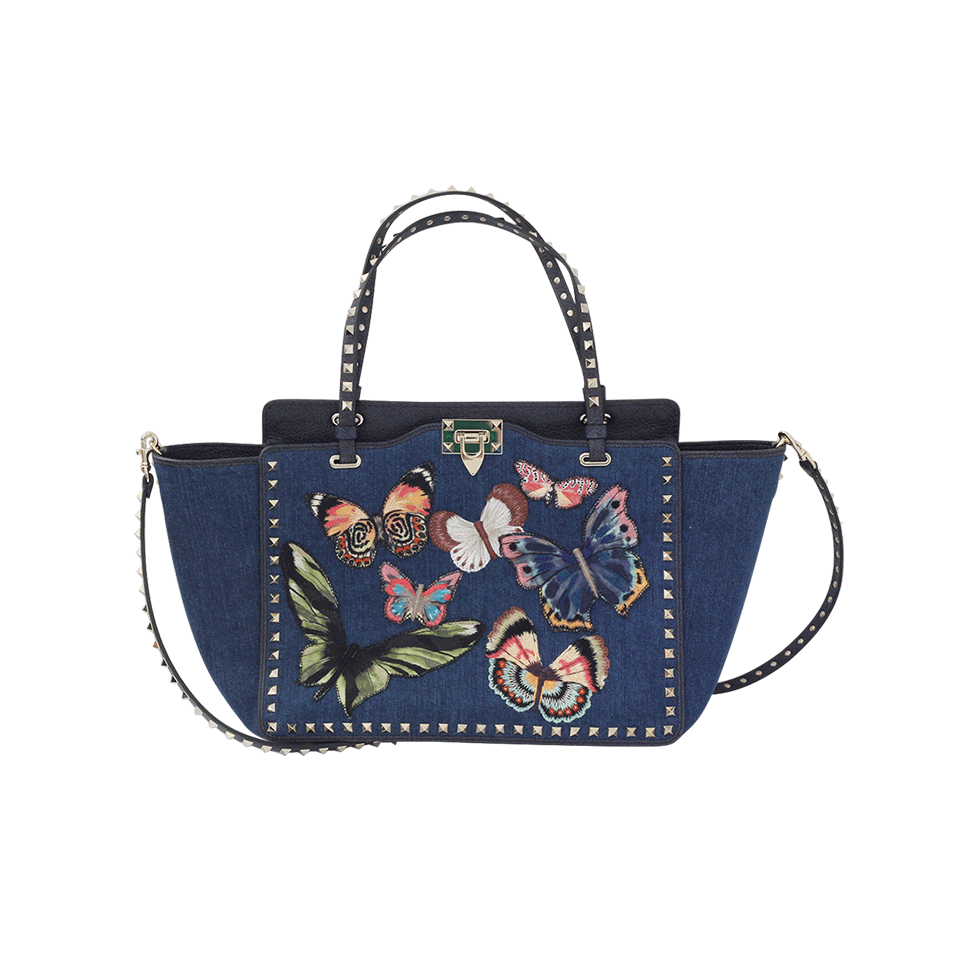 VALENTINO-Rockstud Medium Butterfly Tote-DENIM