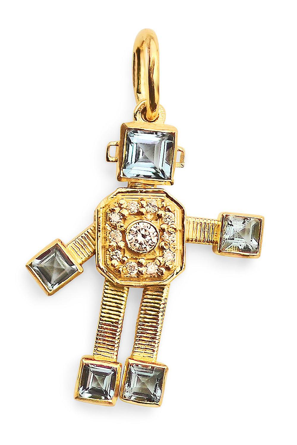 Aquamarine Diamond Mini Heart Robot Pendant-YELLOW GOLD-JEWELRYFINE JEWELPENDANT-VAN