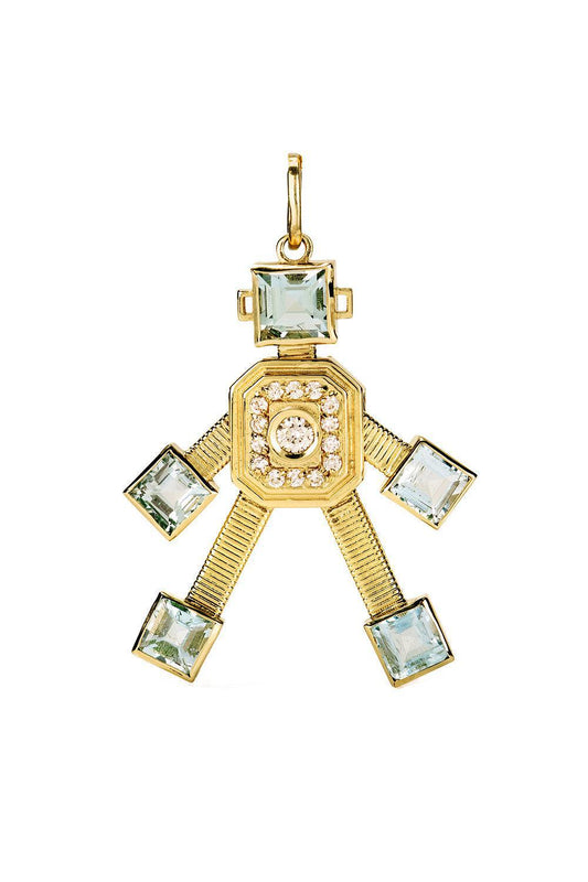 Diamond Aquamarine Mini Piccolo Robot Pendant-YELLOW GOLD-JEWELRYFINE JEWELPENDANT-VAN