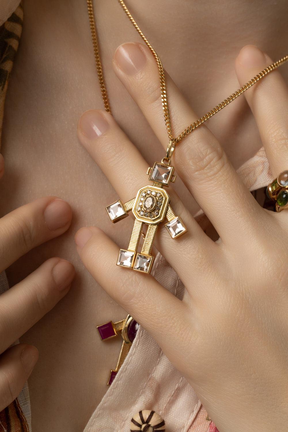 Diamond Morganite Mini Sogno Robot Pendant-YELLOW GOLD-JEWELRYFINE JEWELPENDANT-VAN