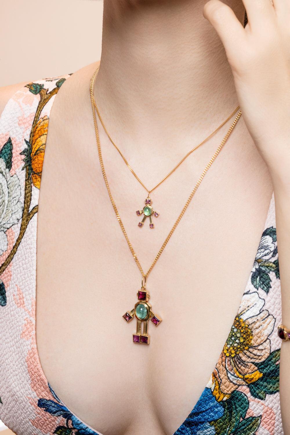 Pariaba Tourmaline Rubellite Mini Heart Robot Pendant-YELLOW GOLD-JEWELRYFINE JEWELPENDANT-VAN