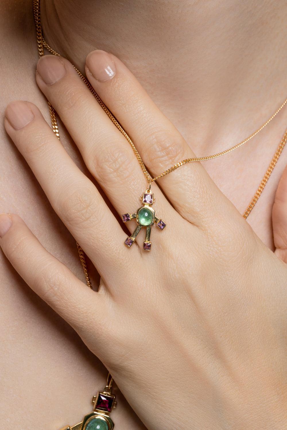 Pariaba Tourmaline Rubellite Mini Heart Robot Pendant-YELLOW GOLD-JEWELRYFINE JEWELPENDANT-VAN