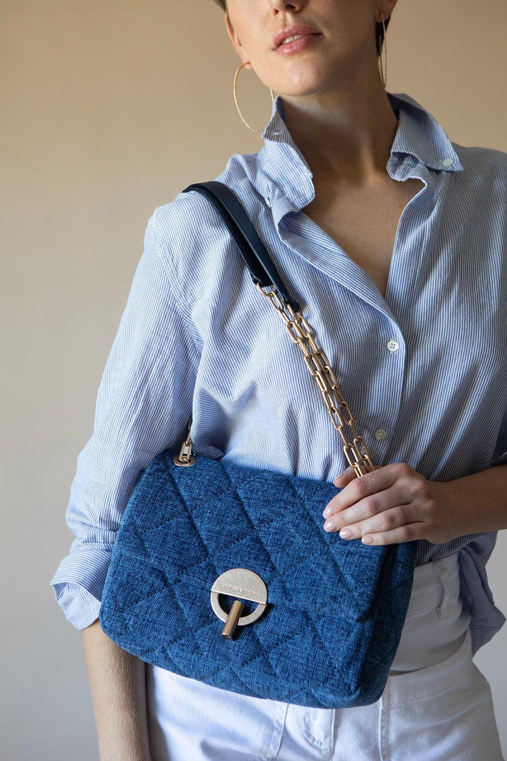 VANESSA BRUNO-Linen Moon Bag MM - Indigo-INDIGO