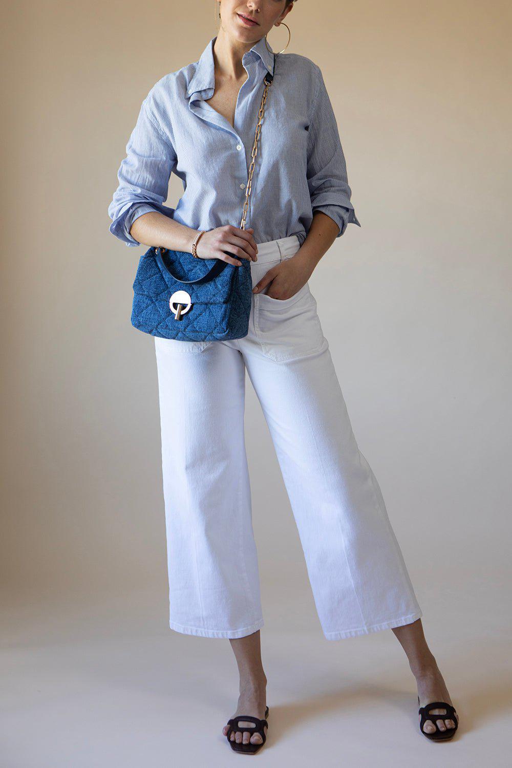 VANESSA BRUNO-Linen Moon Bag MM - Indigo-INDIGO