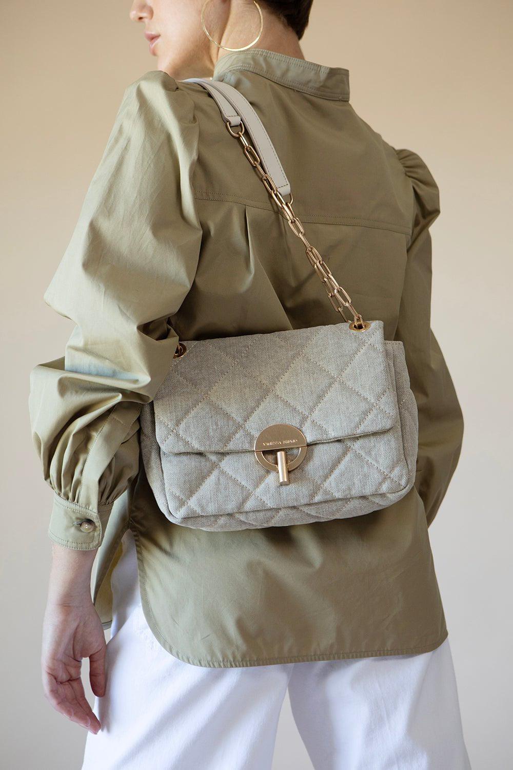 VANESSA BRUNO-Linen Moon Bag MM - Sable-SABLE