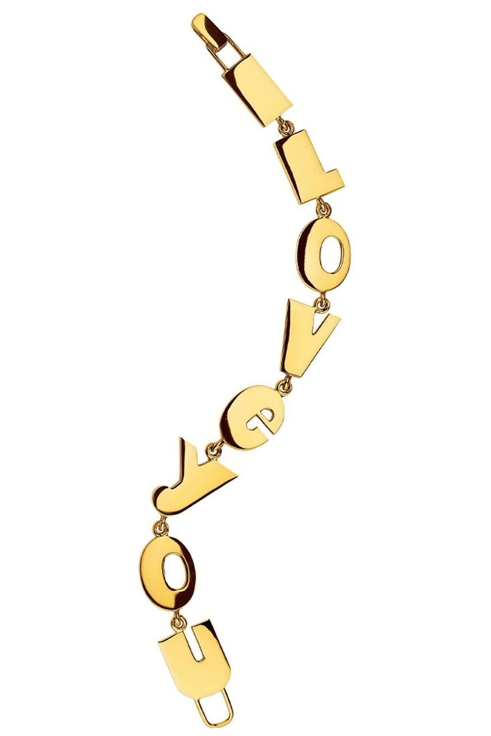 a gold bracelet with letters on it