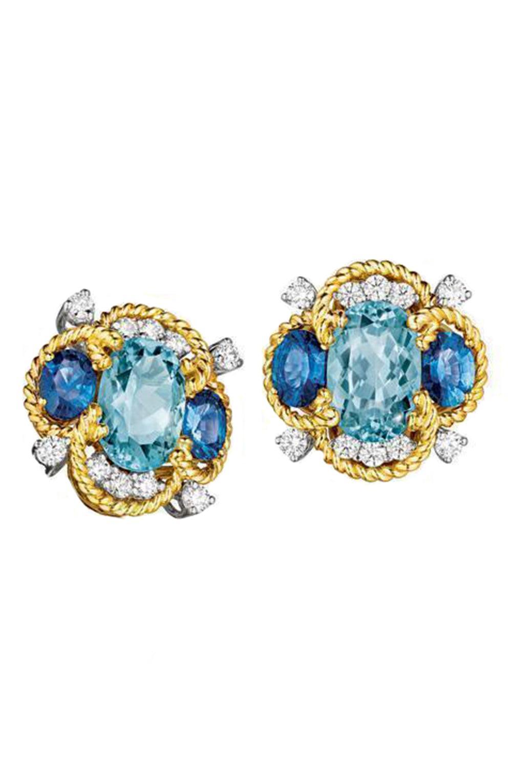 Aquamarine Sapphire Quatrefoil Earrings-YELLOW GOLD-JEWELRYFINE JEWELEARRING-VERDURA