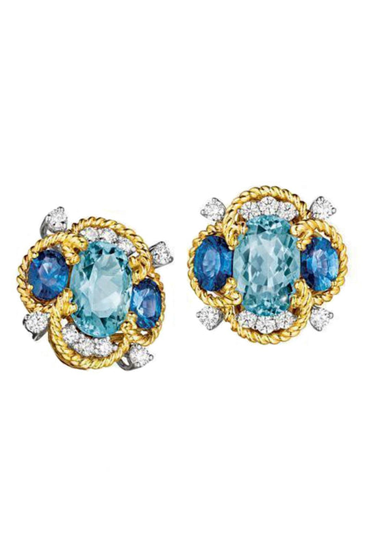 Aquamarine Sapphire Quatrefoil Earrings-YELLOW GOLD-JEWELRYFINE JEWELEARRING-VERDURA
