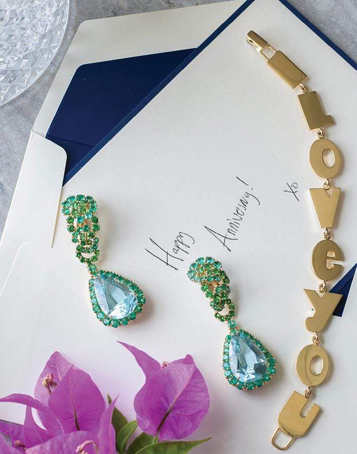 VERDURA-Cascade Aquamarine Emerald and Tsavorite Earrings-YELLOW GOLD