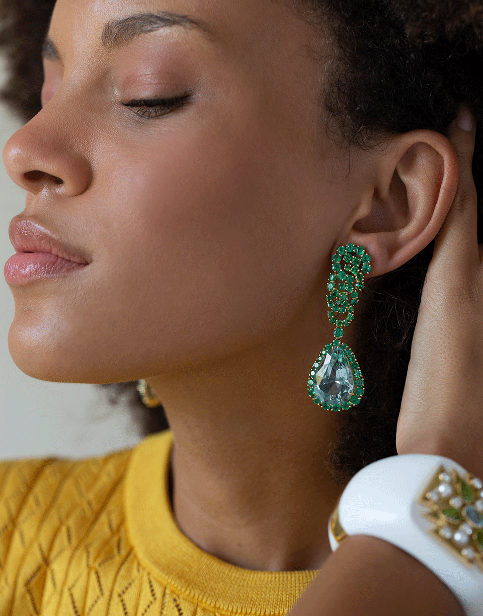 VERDURA-Cascade Aquamarine Emerald and Tsavorite Earrings-YELLOW GOLD