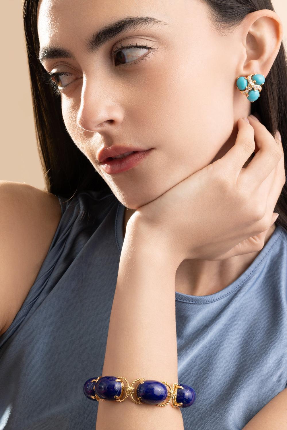 Diamond Turquoise Three Stone Earrings-YELLOW GOLD-JEWELRYFINE JEWELEARRING-VERDURA