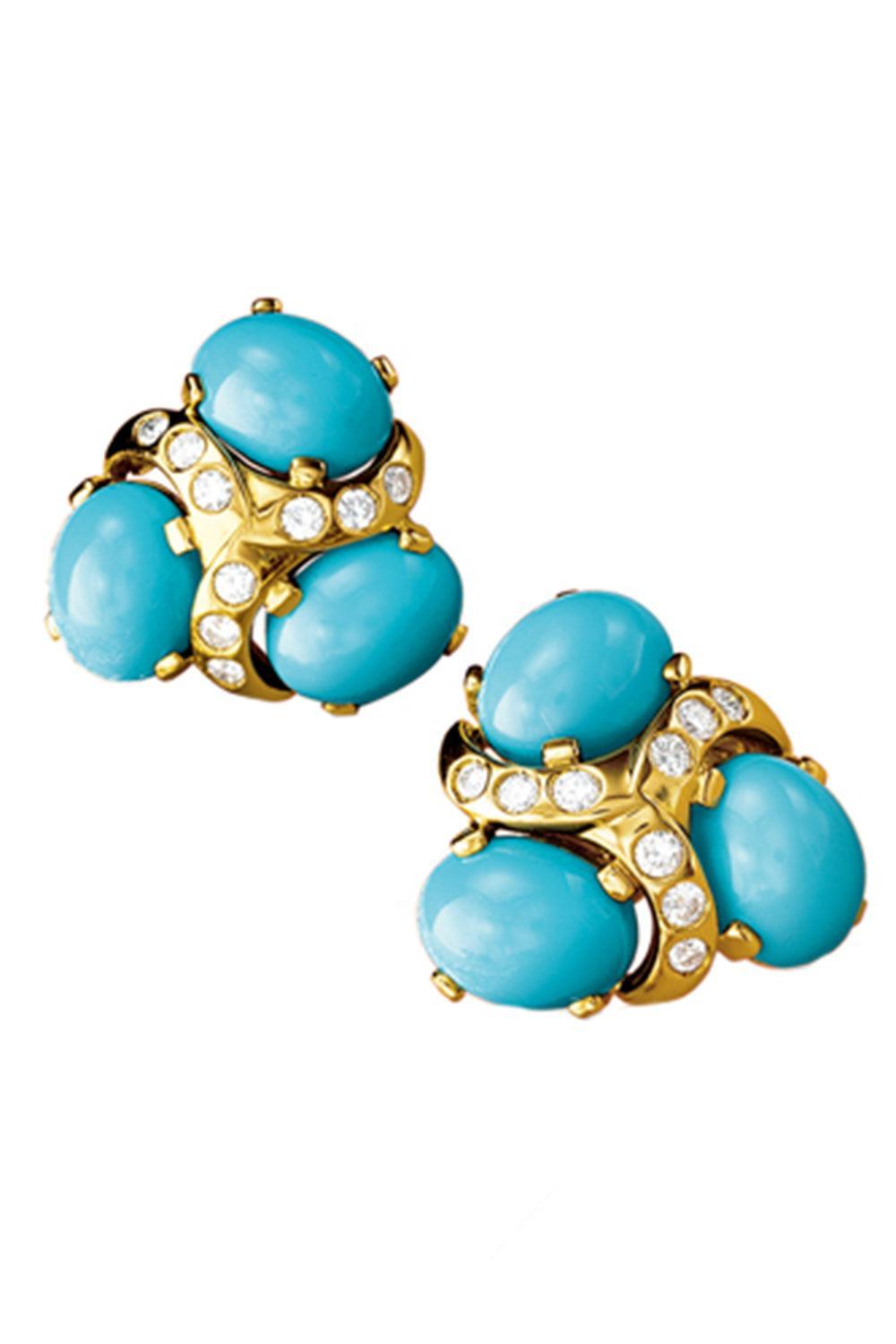 Diamond Turquoise Three Stone Earrings-YELLOW GOLD-JEWELRYFINE JEWELEARRING-VERDURA