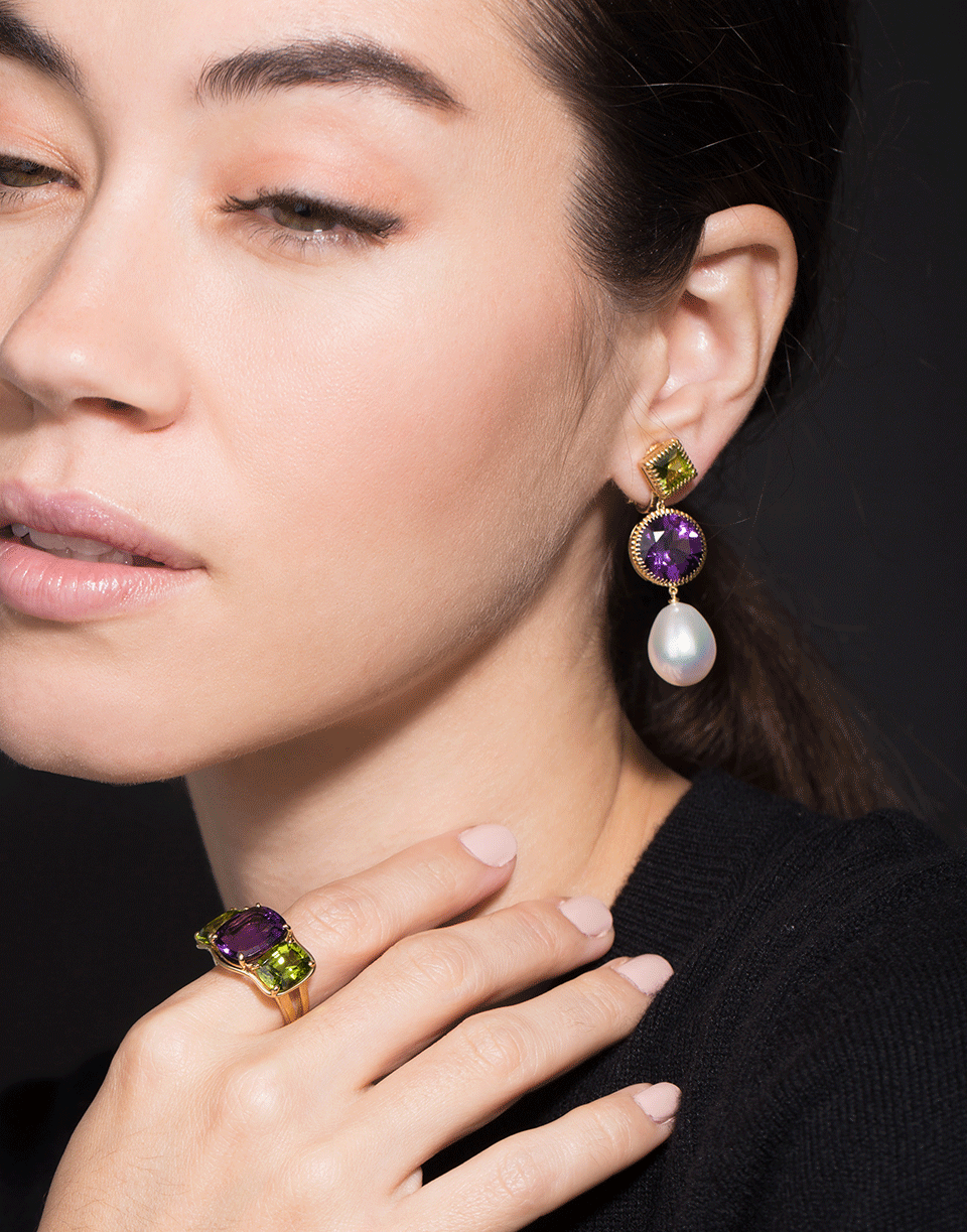 VERDURA-Peridot, Amethyst, and Pearl Three Drop Earrings-YELLOW GOLD