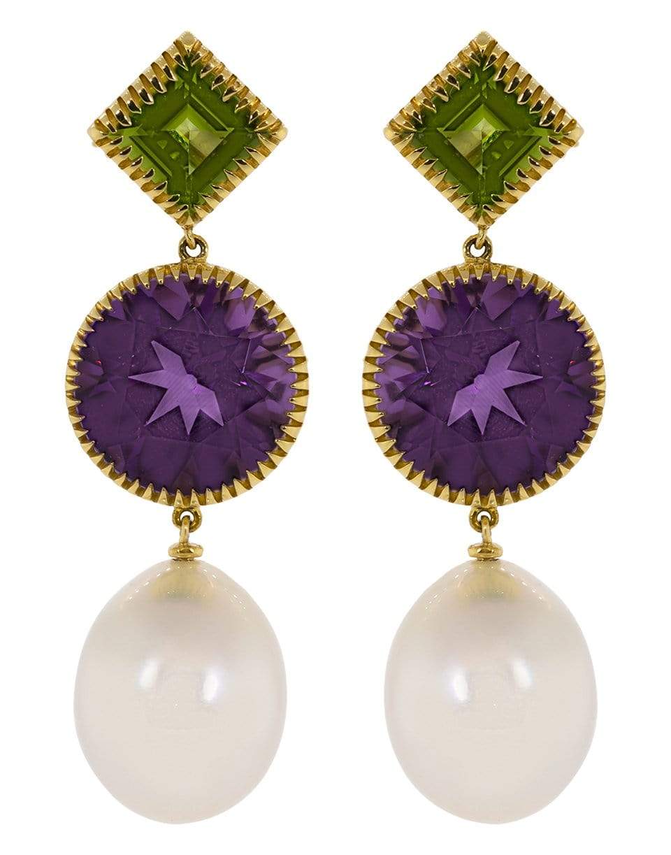 VERDURA-Peridot, Amethyst, and Pearl Three Drop Earrings-YELLOW GOLD