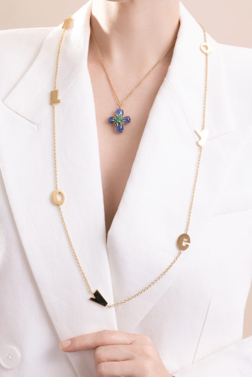 Emerald Sapphire Dogwood Pendant Necklace-YELLOW GOLD-16-JEWELRYFINE JEWELNECKLACE O-VERDURA