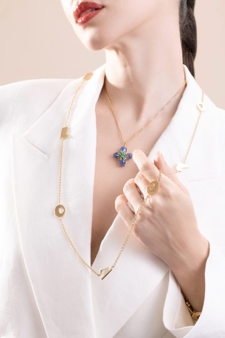 Emerald Sapphire Dogwood Pendant Necklace-YELLOW GOLD-16-JEWELRYFINE JEWELNECKLACE O-VERDURA