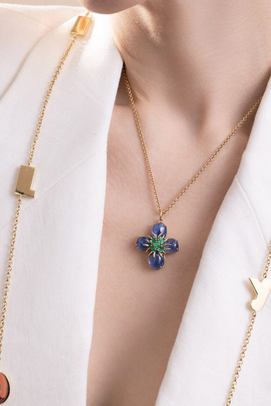 Emerald Sapphire Dogwood Pendant Necklace-YELLOW GOLD-16-JEWELRYFINE JEWELNECKLACE O-VERDURA