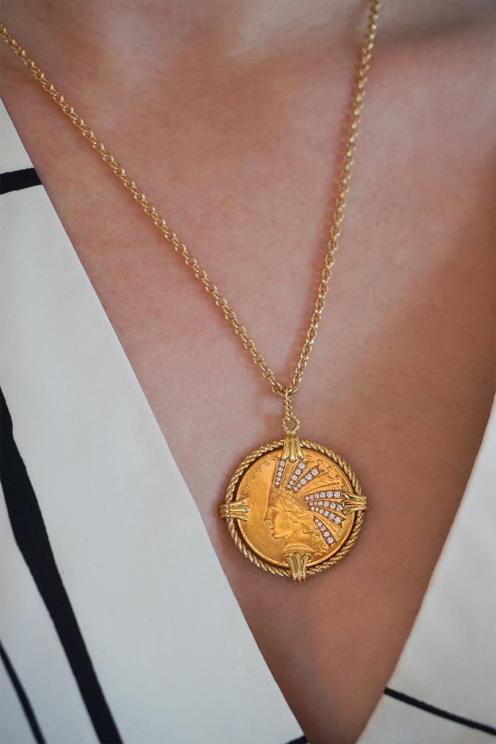 Diamond Indian Head Coin Pendant Necklace-YELLOW GOLD-19-JEWELRYFINE JEWELNECKLACE O-VERDURA