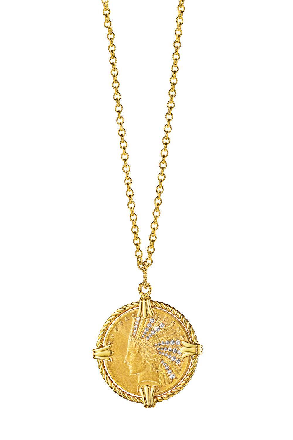 Diamond Indian Head Coin Pendant Necklace-YELLOW GOLD-19-JEWELRYFINE JEWELNECKLACE O-VERDURA