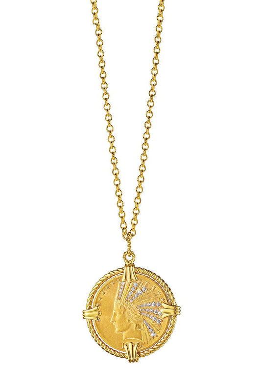 Diamond Indian Head Coin Pendant Necklace-YELLOW GOLD-19-JEWELRYFINE JEWELNECKLACE O-VERDURA