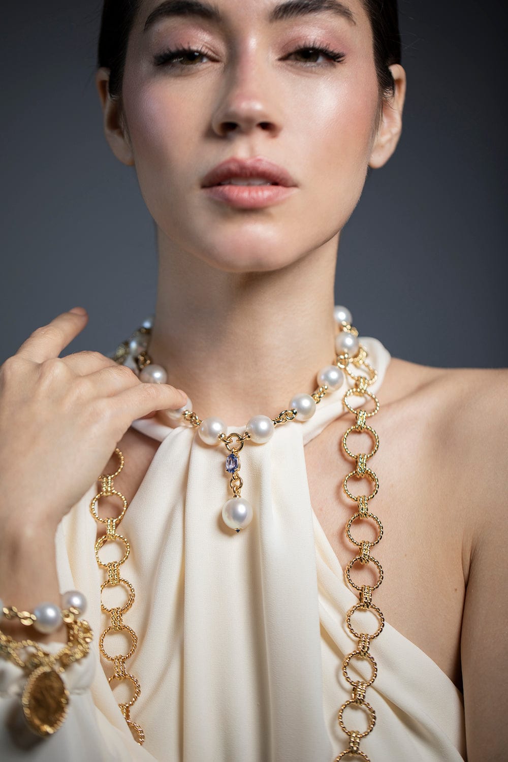 VERDURA-Pearl and Sapphire "Y" Necklace-YELLOW GOLD