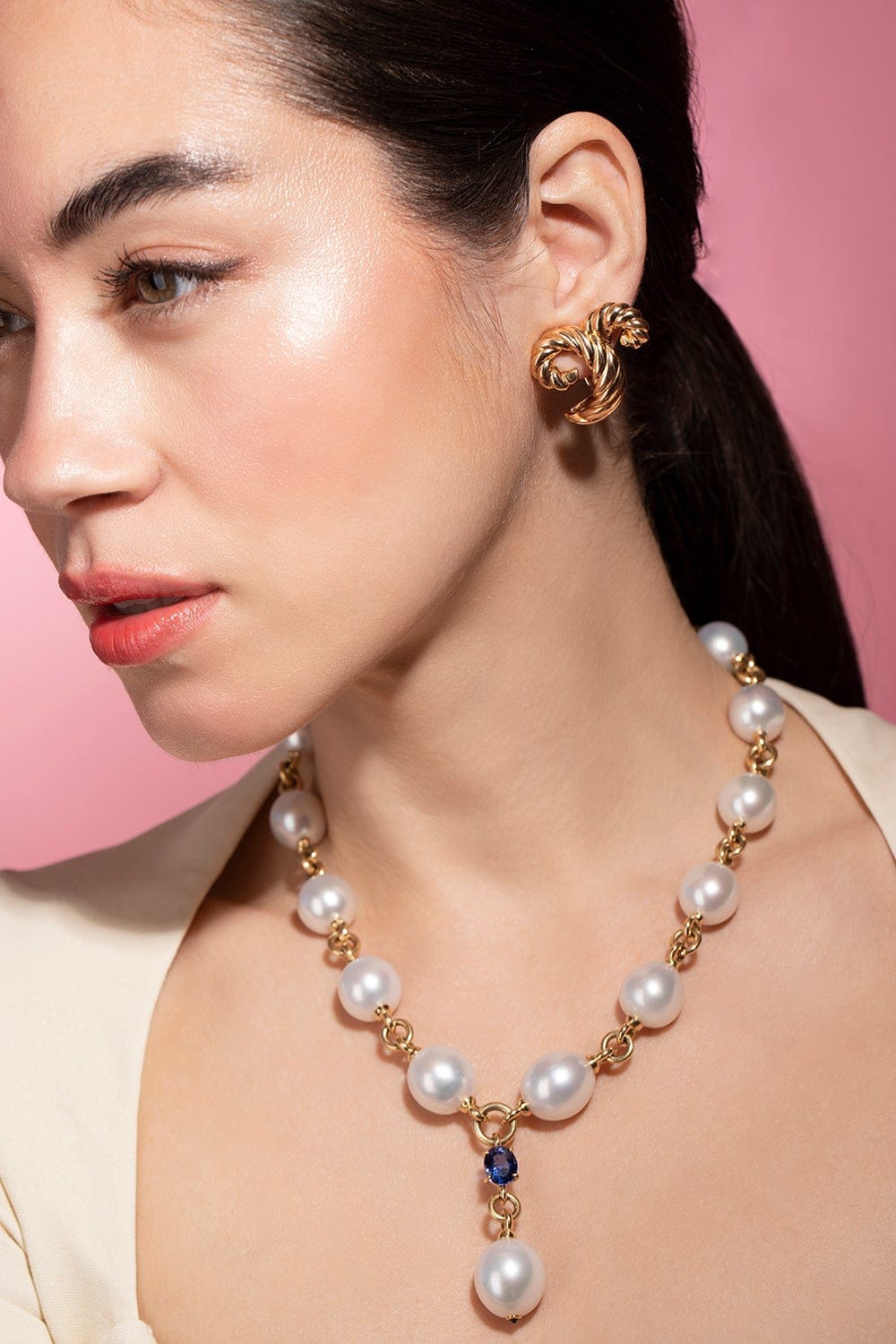 VERDURA-Pearl and Sapphire "Y" Necklace-YELLOW GOLD