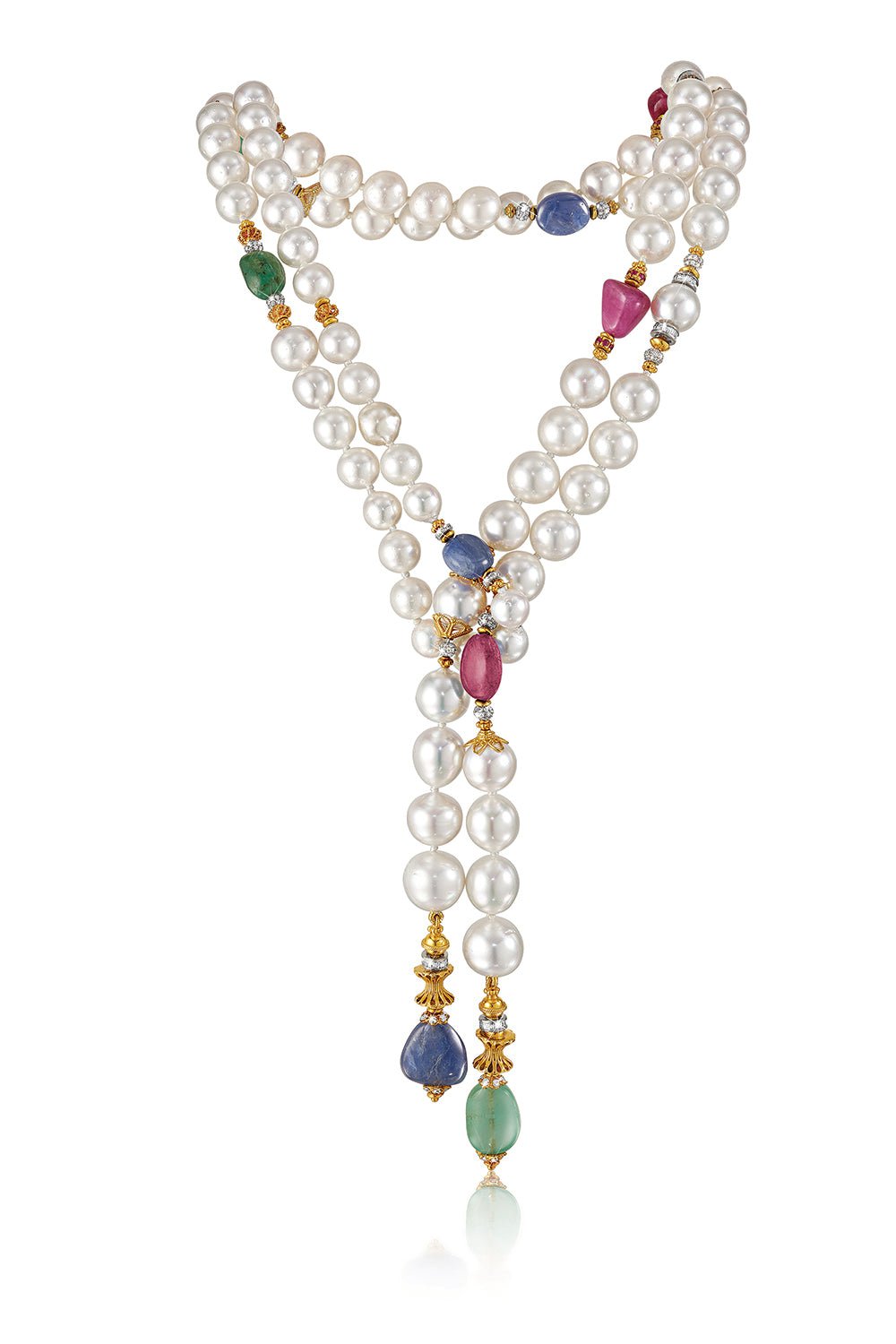 VERDURA-Pearl Emerald Saphhire Ruby Necklace-YELLOW GOLD