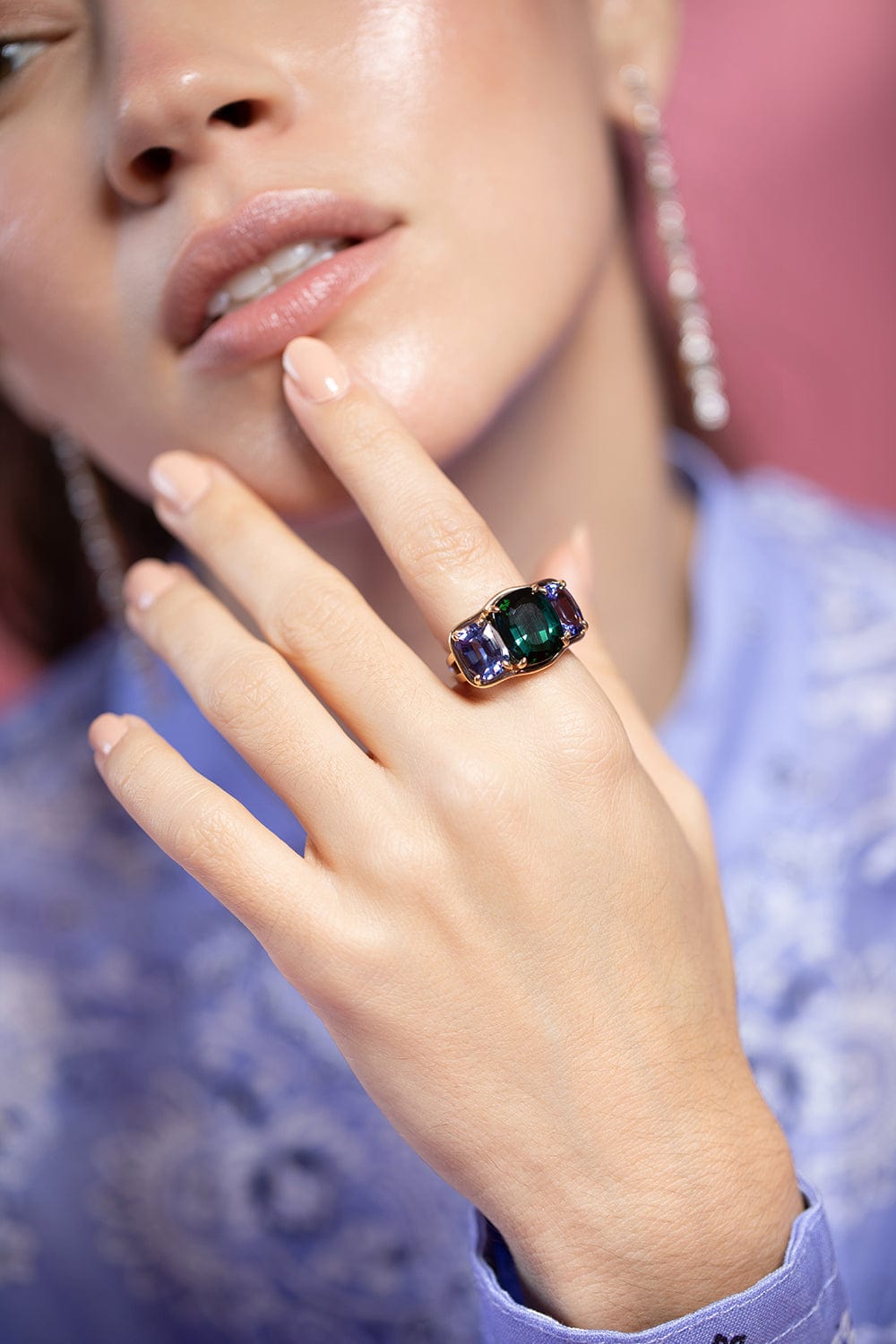 VERDURA-Green Tourmaline and Tanzanite Three Stone Ring-YELLOW GOLD