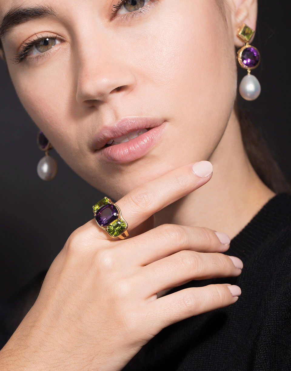 VERDURA-Peridot and Amethyst Large Three Stone Ring-YELLOW GOLD