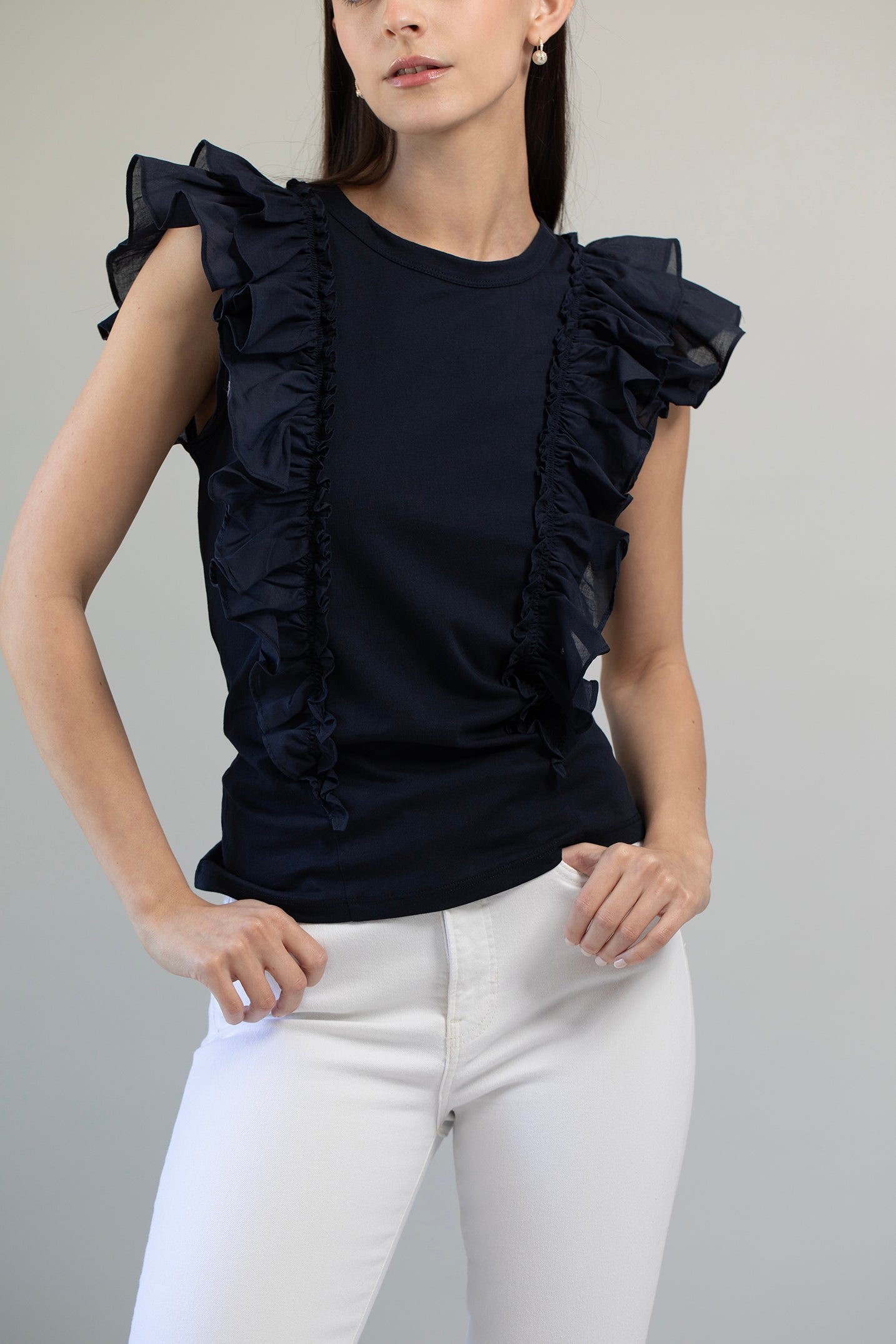 VERONICA BEARD-Bardot Ruffle Tee - Navy-