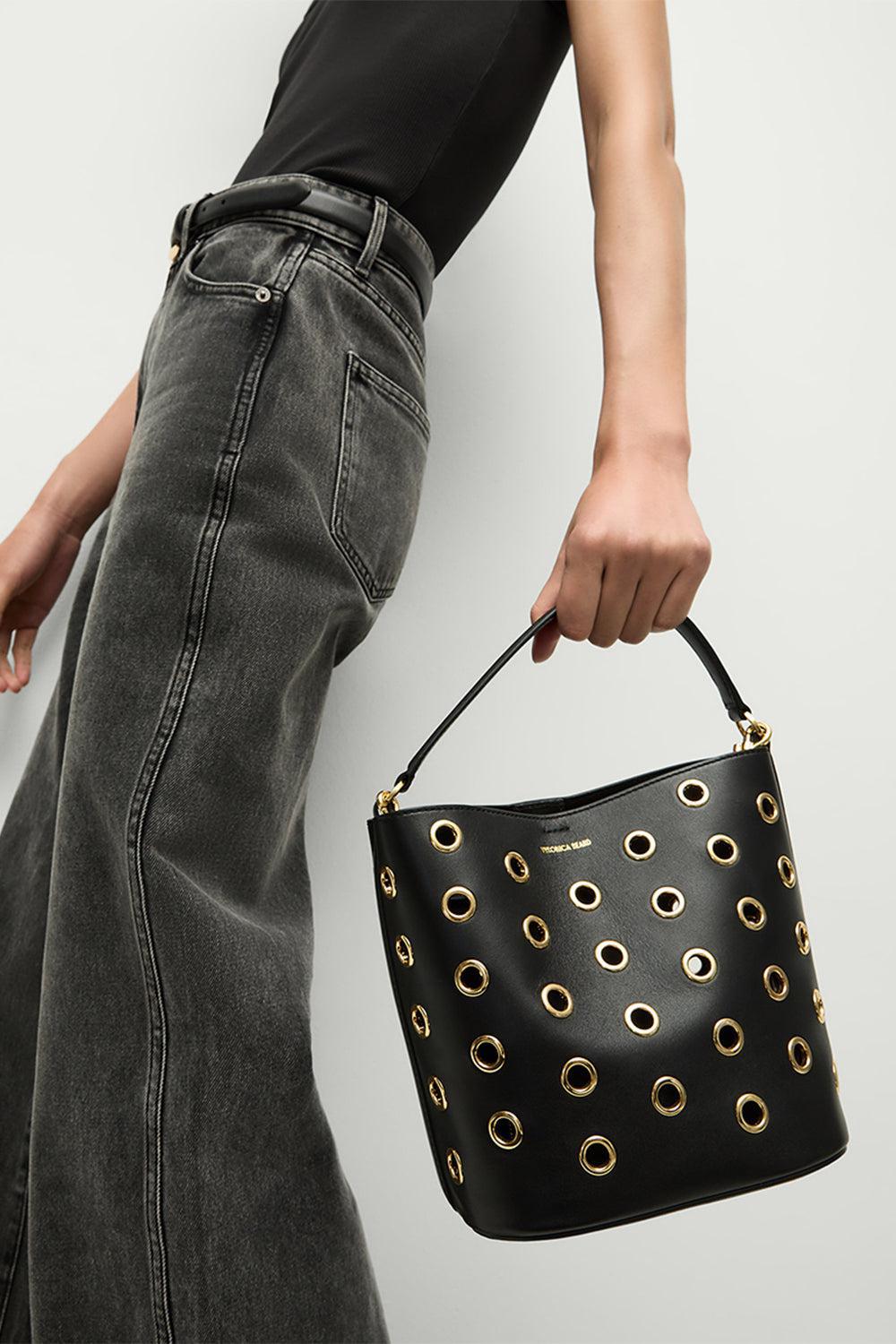 Small Grommet Feed Bag-BLACK/GOLD-O/S-HANDBAGTOTES-VERONICA BEARD