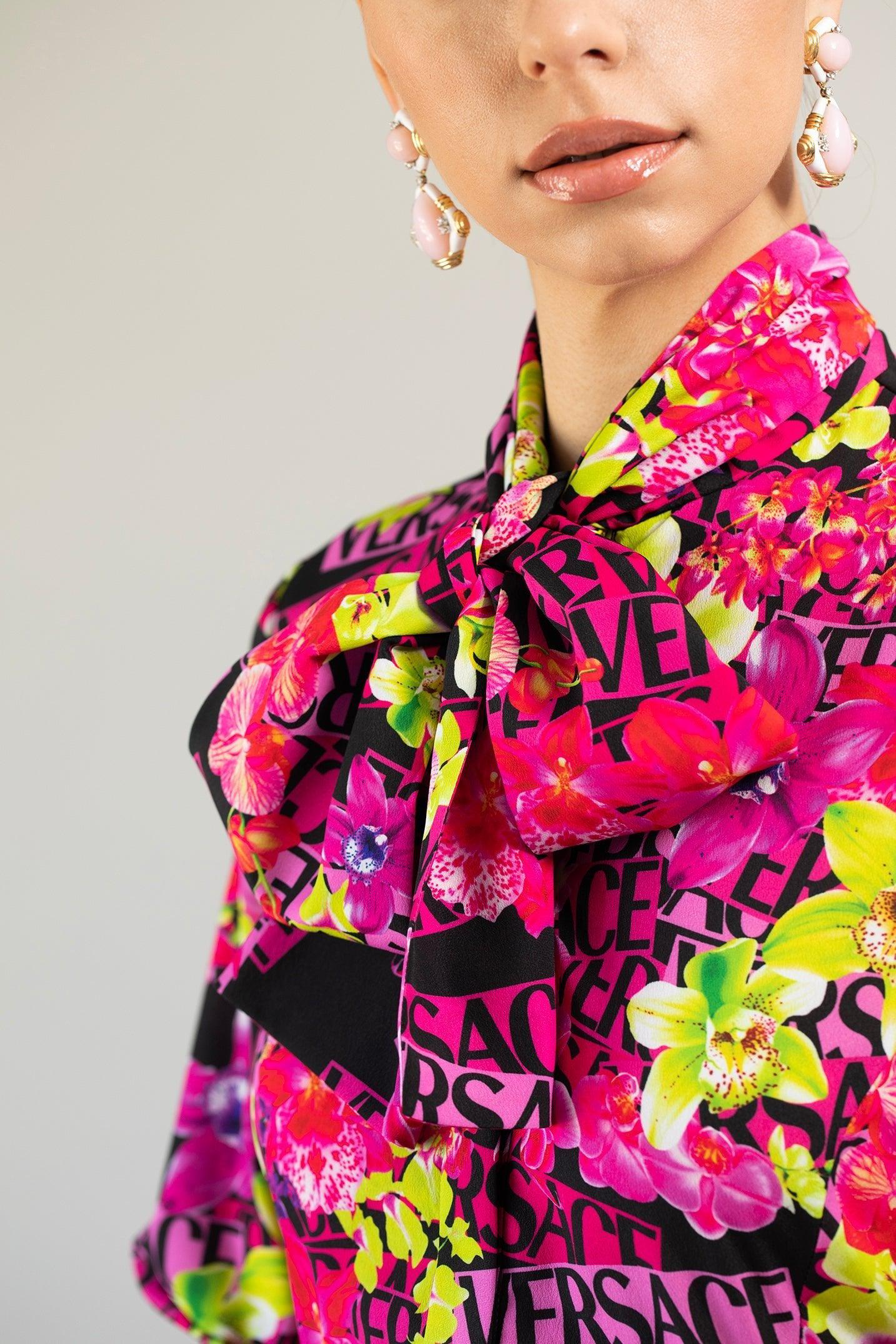 VERSACE-Long Sleeve Printed Midi Dress-PINK/BLK