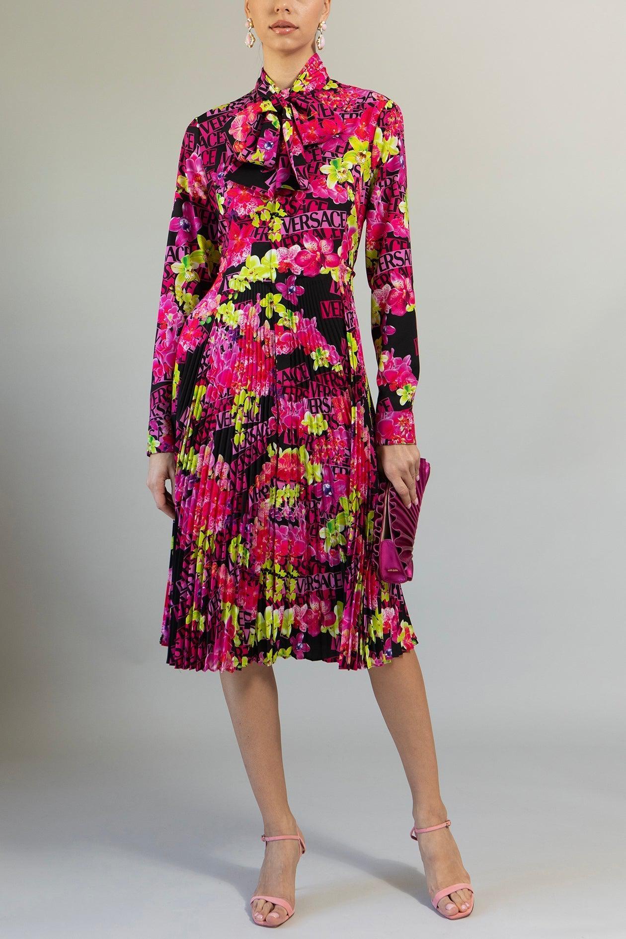 VERSACE-Long Sleeve Printed Midi Dress-PINK/BLK