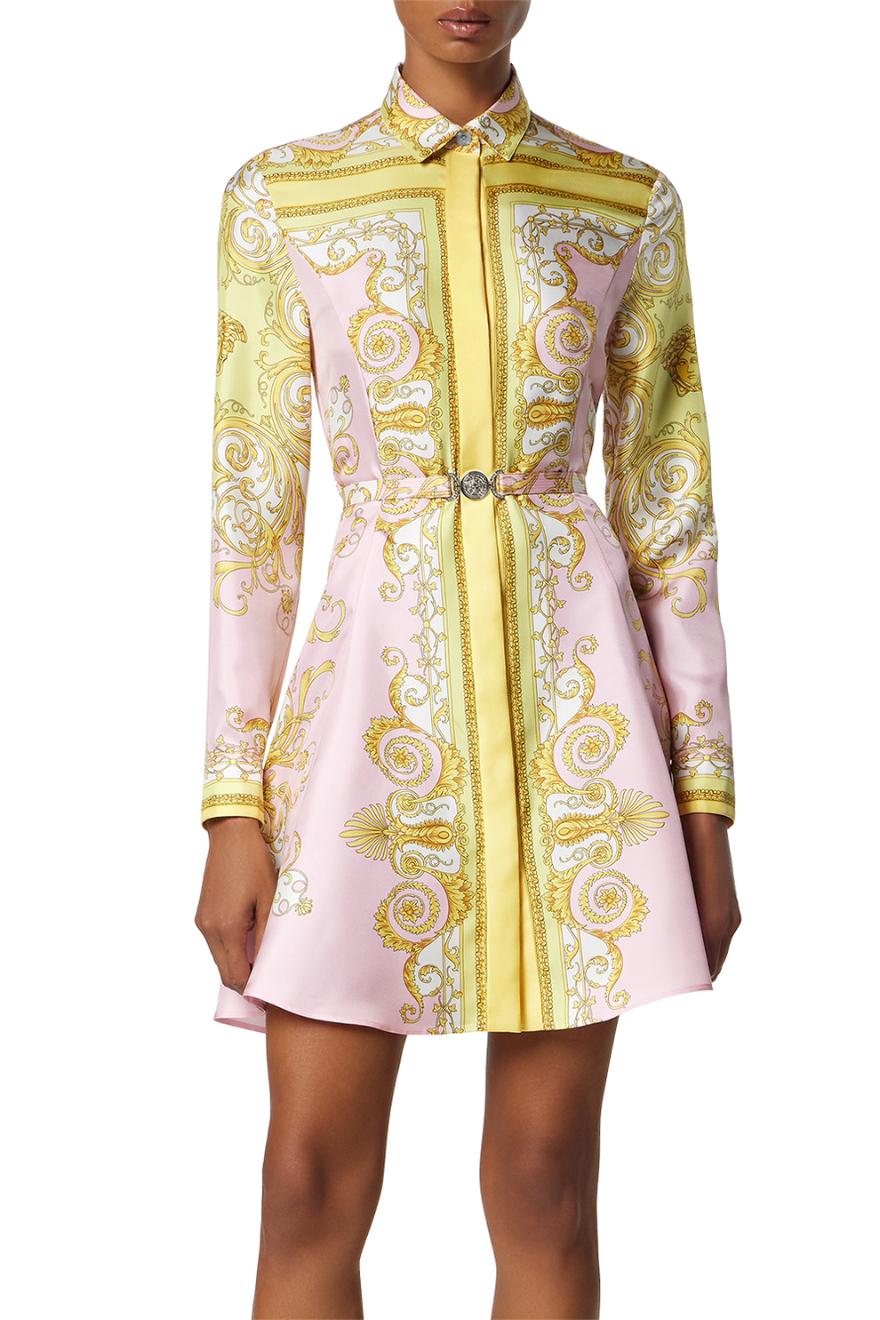 Versace Printed Silk Twill Mini Shirt Dress, Female, Yellow+pink, 46